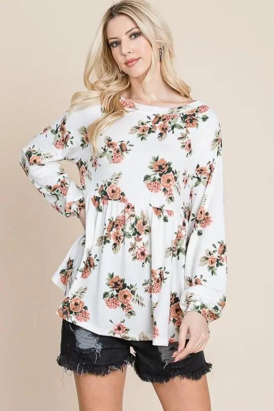 Super Lady Full Size Babydoll Floral Boat Neck Blouse - Love Salve